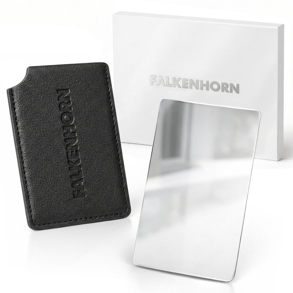 Edelstahl-Taschenspiegel 8,5 × 5,5 cm mit Schutzhülle