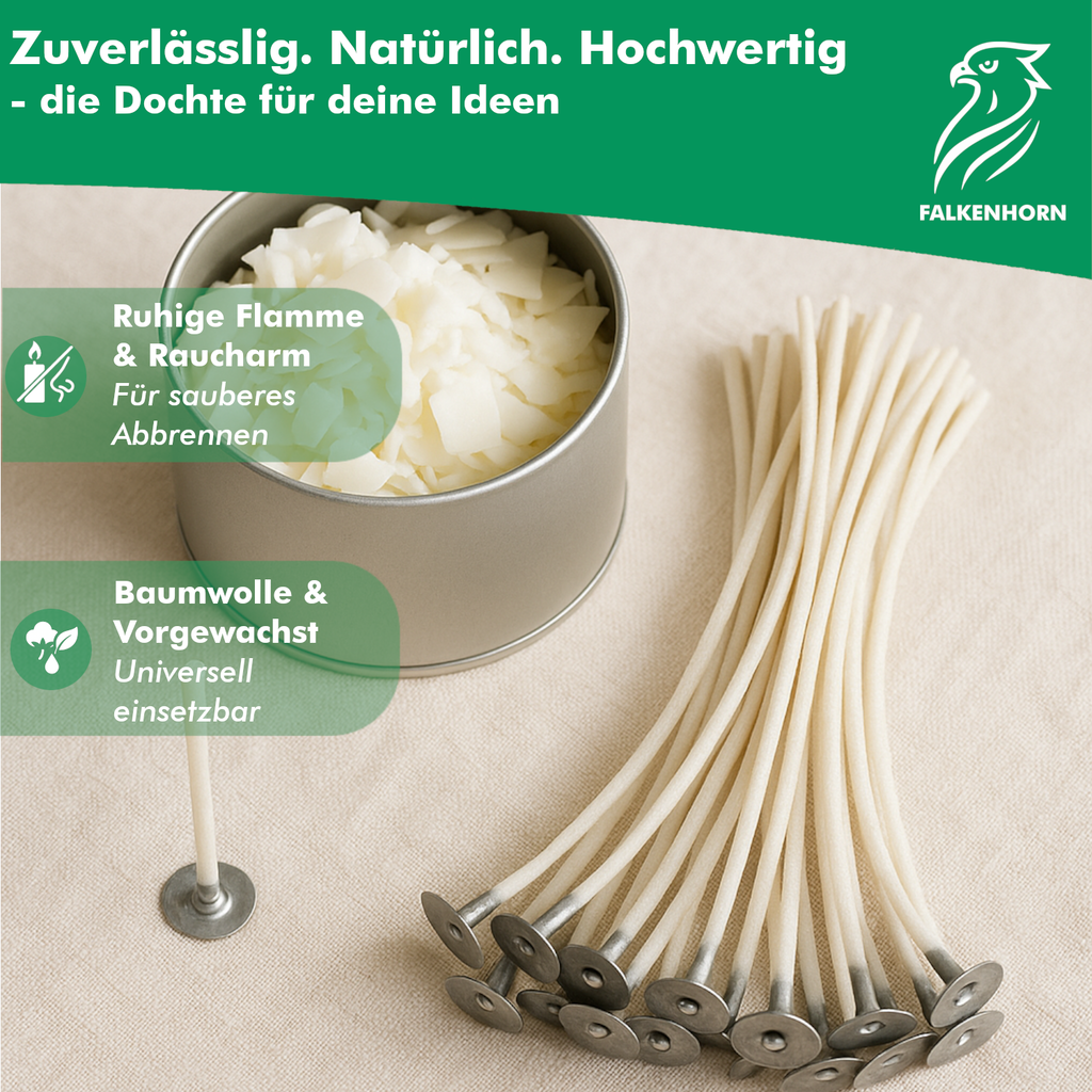 Kerzendochte vorgewachst – Baumwolle mit Metallfuß