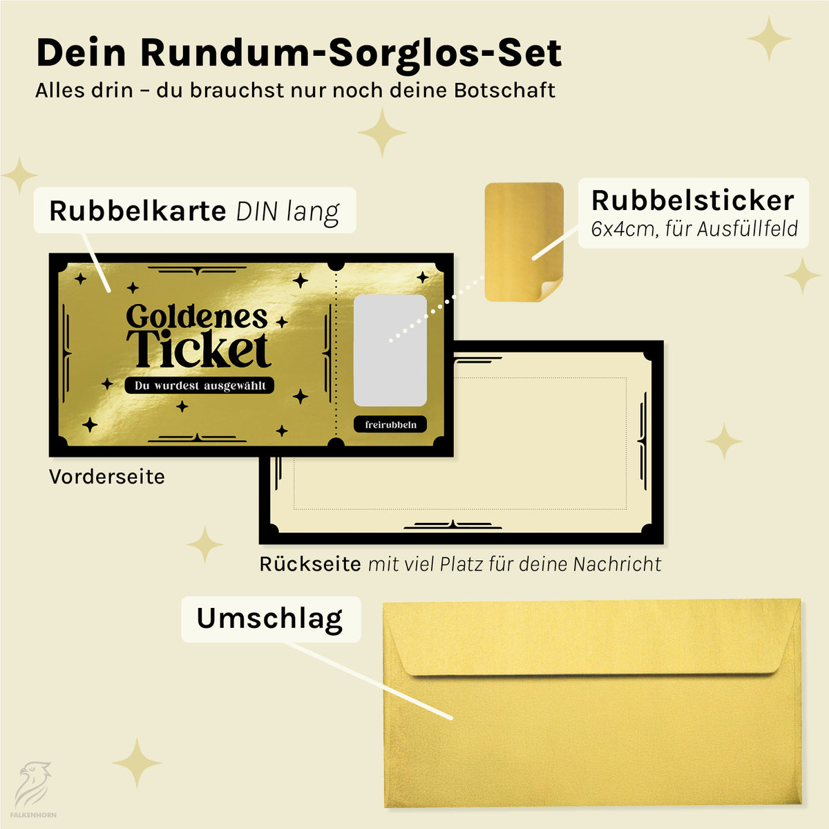 Goldenes Ticket – Rubbel-Gutscheinkarte mit Umschlag