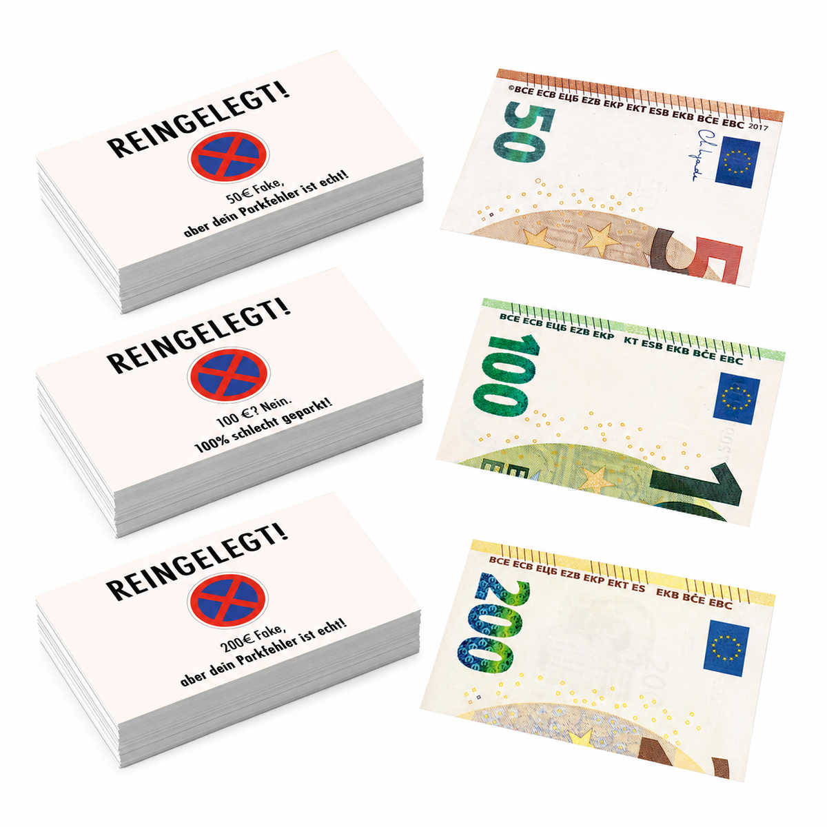 Euro-Parkkarten – Spaßkarten mit 50-, 100- und 200-Euro-Motiv