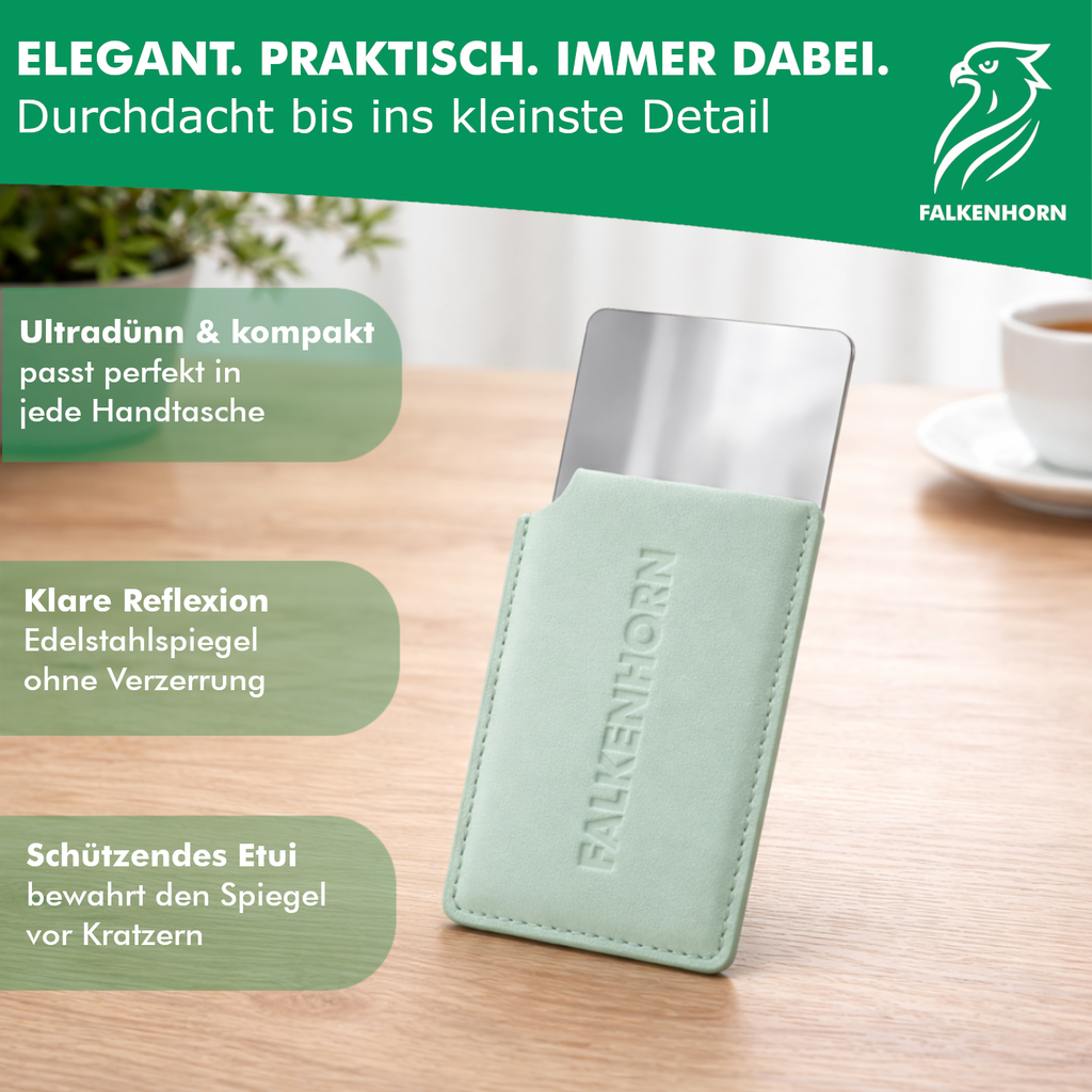 Edelstahl-Taschenspiegel 8,5 × 5,5 cm mit Schutzhülle