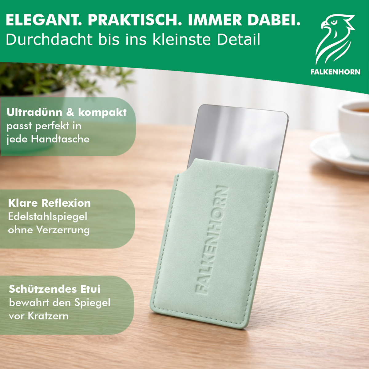Edelstahl-Taschenspiegel 8,5 × 5,5 cm mit Schutzhülle